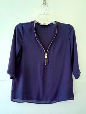 MICHAEL Michael Kors Crepe Half Zip Navy Blue Top, Gold Trim, Size M EC